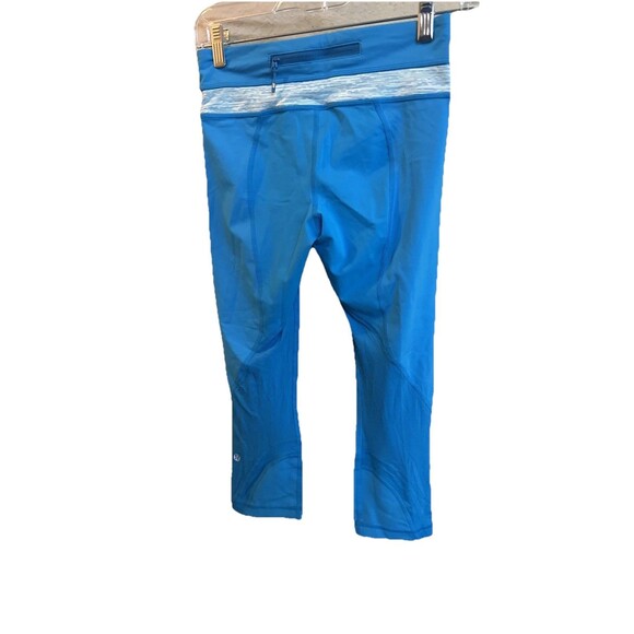 Lululemon Athletica Neon Blue Grey Detail Crop Leggings Zipper Back Pocket Sz 4, - Picture 1 of 8